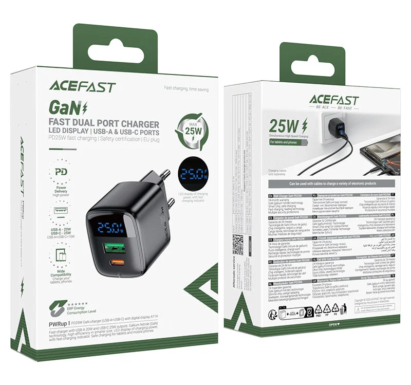 Адаптер Acefast A114 PD25W GaN charger USB-A+USB-C with digital display