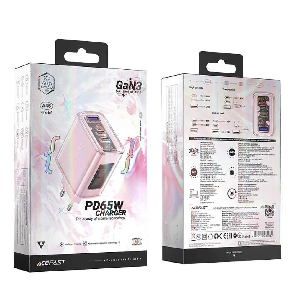 Адаптер Acefast A45 Sparkling PD65W GaN 2xUSB-C+USB-A