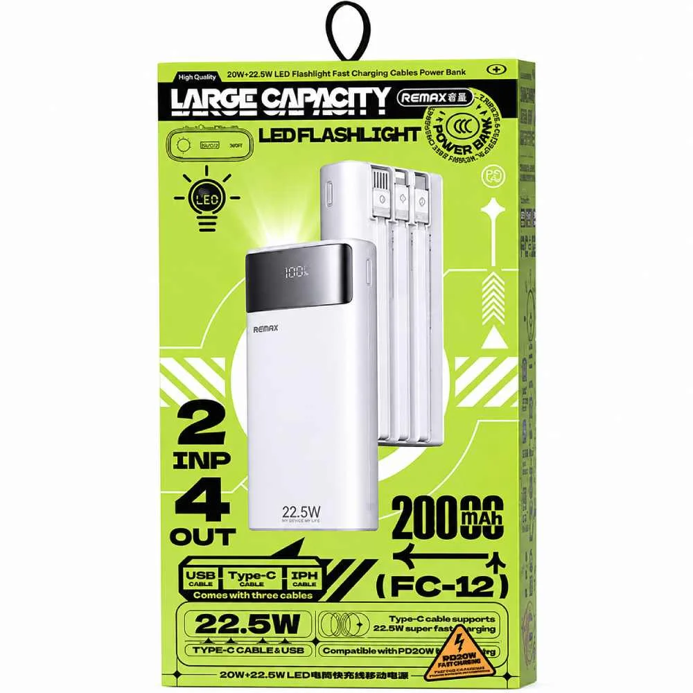 PowerBank Remax FC-12 20+22.5W LED Flashlight Fast Charging Cables 20000mAh