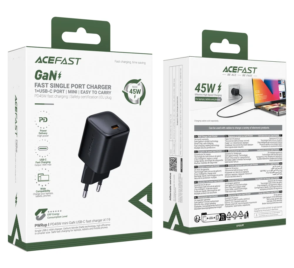 Адаптер Acefast A119 PD45W mini GaN USB-C Fast Charger
