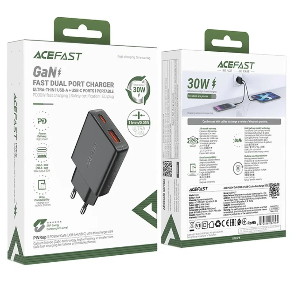 Адаптер Acefast A69 PD30W GaN USB-A + USB-C Ultra-Thin