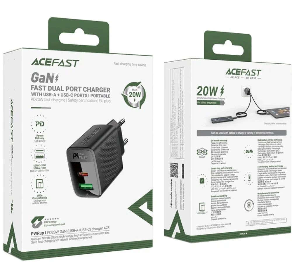 Адаптер Acefast A78 USB-A + USB-C PD20W GaN