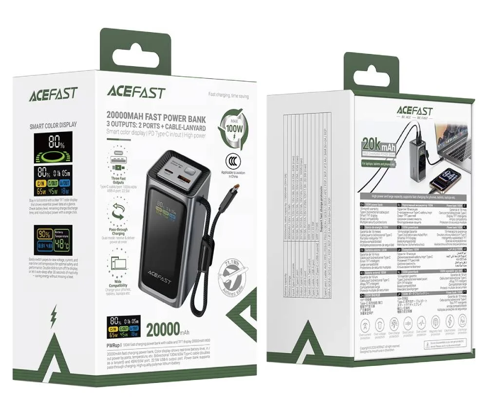 Power Bank Acefast M33 100W with cable and TFT display 20000mAh